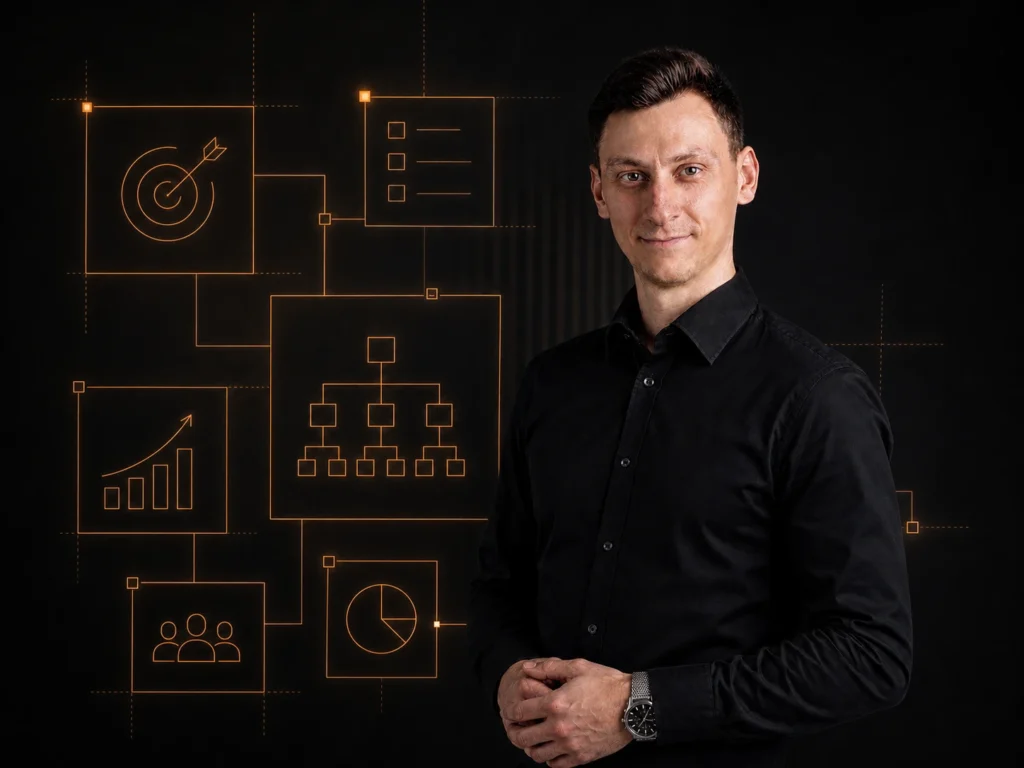 Dawid Stefański, konsultant marketingowy B2B, na tle schematów strategii marketingowej